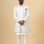 Alluring Thread Embroidered Off-White Open Sherwani for Men - Father Son Combo | Jaipurio